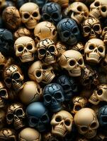 calaveras son arreglado en un pila de oro y negro calaveras generativo ai foto