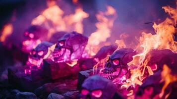 skulls on fire with purple flames in the background generative ai photo