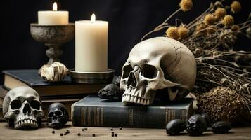 skulls candles and books on a wooden table generative ai photo