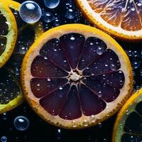 slices of orange and grapefruit with water droplets on a black background generative ai photo