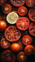 sliced tomatoes and lemons on a black surface generative ai photo