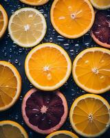 slices of oranges and lemons on a black surface generative ai photo