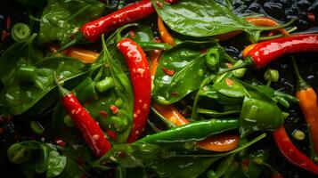 spinach red peppers and green peppers on a black background generative ai photo