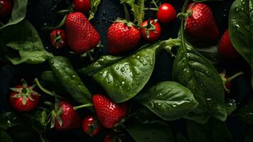 strawberries and spinach on a black background generative ai photo