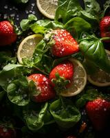 strawberries lemon and spinach on a black background generative ai photo