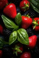 strawberries blackberries and basil on a black background generative ai photo