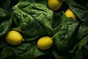 spinach and lemons on a black background generative ai photo