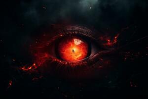 the eye of Sauron in the dark with fire and smoke in the background generative ai photo