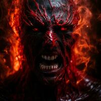 the face of a demon is covered in red flames generative ai photo