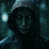 the face of a man in a hooded jacket with glowing green eyes generative ai photo