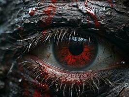 the eye of a zombie is covered in blood generative ai photo