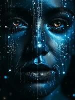 the face of a woman is shown with a blue background generative ai photo