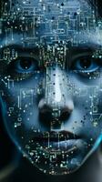 the face of a young woman is made up of electronic circuits generative ai photo