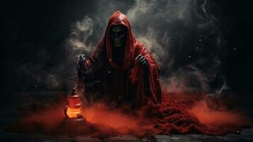 the grim reaper in red hooded robe with smoke coming out of his mouth generative ai photo