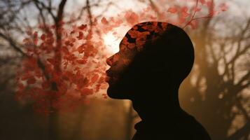 el silueta de un hombre con hojas soplo en su cara generativo ai foto