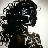 the silhouette of a woman with long hair and a flower pattern on her face generative ai photo