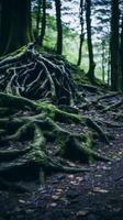 el raíces de un árbol en un bosque generativo ai foto