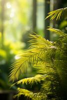the sun is shining through the leaves of a palm tree generative ai photo