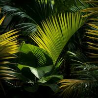 el Dom es brillante mediante el hojas de un tropical planta generativo ai foto