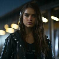the woman is wearing a black leather jacket generative ai photo
