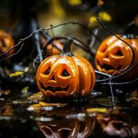 three halloween pumpkins sitting in water with leaves generative ai photo