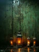 three old lanterns with candles in front of a green wall generative ai photo