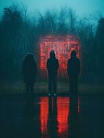 Tres personas en pie en el lluvia en frente de un neón firmar generativo ai foto