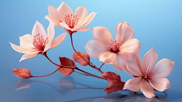 Tres rosado flores en un azul antecedentes generativo ai foto