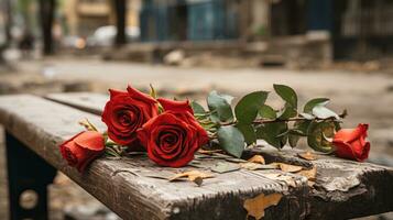 Tres rojo rosas sentado en un de madera banco generativo ai foto