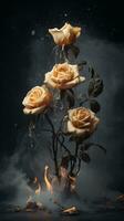three yellow roses on fire with smoke coming out of them generative ai photo