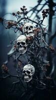 three skulls on a tree branch in a dark forest generative ai photo