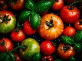 tomatoes and basil on a black background stock photo generative ai