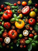 tomatoes and basil on a black background stock photo generative ai