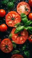 tomatoes and basil in a bowl with water on a black background generative ai photo