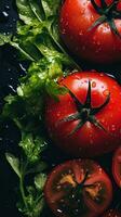 tomatoes and lettuce on a table with water droplets on them generative ai photo