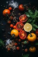 tomatoes lemons and spices on a black background generative ai photo