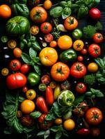 tomatoes and other vegetables on a black background generative ai photo