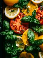 tomatoes lemons and basil on a baking sheet generative ai photo