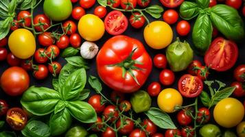 tomatoes and other vegetables on a black background generative ai photo