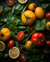 tomatoes lemons and basil on a black background generative ai photo