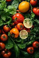 tomatoes lemons and herbs on a black background generative ai photo