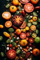tomatoes and other vegetables on a black background generative ai photo
