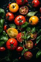 tomatoes and basil on a black background with water droplets generative ai photo