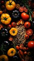 tomatoes and other vegetables on a black background generative ai photo