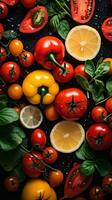 tomatoes lemons tomatoes and basil on a black background generative ai photo
