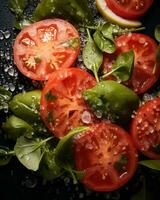 tomatoes spinach and lemon on a black background generative ai photo