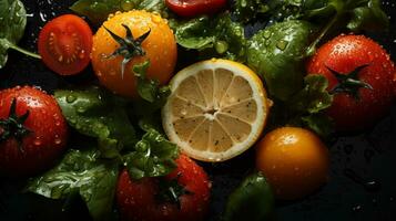 tomatoes lemons and spinach on a black background generative ai photo