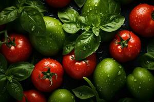 tomatoes with water droplets on them on a black background generative ai photo