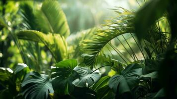 tropical plants in the jungle with sunlight shining through the leaves generative ai photo