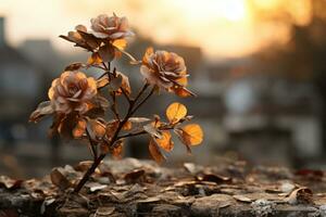 two dead roses on the ground in front of a sunset generative ai photo
